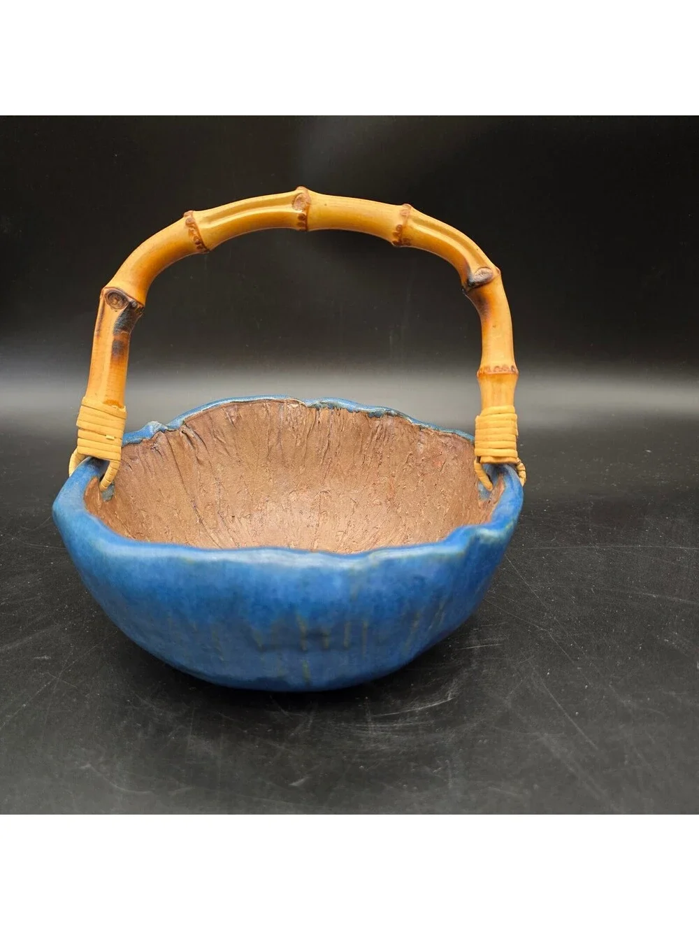 Handmade Studio Pottery Lotus Leaf Basket Bowl Blue Glazed Bamboo Handle Signed